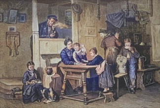 Playing with children on a Sunday afternoon in a middle-class flat, man with a pipe, mother