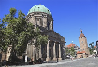 In the historic city centre of Nuremberg, parish church of St. Elisabeth and the White Tower,