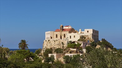 Church, red roof, sea, blue sky, palm tree, blue sky, Chrissoskalitissa, rock monastery, Orthodox