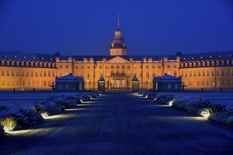 Karlsruhe castle with snow, front view, blue hour, Karlsruhe, Baden-Württemberg, Germany, Europe