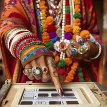 Indian citizen casting vote in ballot box in general election. AI Generated