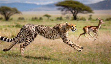 A cheetah (Acinonyx jubatus) chases an antelope at full speed, AI generated