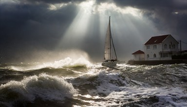 Storm surge, hurricane-like storm, stormy weather with high waves and a sailing boat on the sea, AI