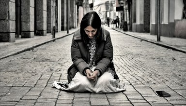 Social hardship, Torn beggar woman with poor clothes in humble posture kneeling on the street, KI