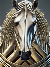 Horse, portrait as mystical mythical creature in golden and silver metallic 3D optics, fantasy