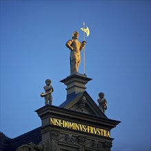 Statue of a national servant on the guildhall at the fish market, Erfurt, Thuringia, Germany,