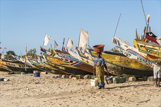 Colourful fishing boats on the beach of Sanyang, Gambia, West Africa, Africa