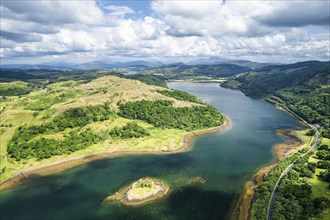 Loch Feochan and Feochan Bheag River from a drone, Feochan Glen, Oban, Argyll and Bute, West