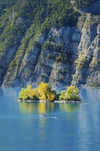 Two kayaks in front of the small chive island in the turquoise waters of Lake Walen, Canton St.