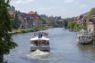 Excursion boats, Regnitz, harbour, Bamberg, Upper Franconia, Bavaria, Germany, Europe