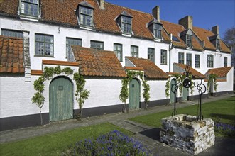 White houses of beguines at the beguinage of Diksmuide, Dixmude, West Flanders, Belgium, Europe