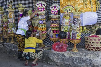 Indonesian women preparing offerings, gebogans for ceremony at the big banyan tree on the island