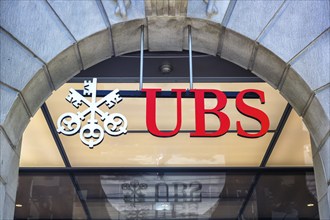 UBS Bank logo at the company's headquarters on Paradeplatz in Zurich, Switzerland, Europe