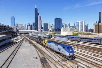 Skyline with an Amtrak train railway at Union Station in Chicago, USA, North America