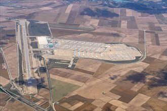 Aerial view of parked commercial aircraft at Teruel Airport in Aragon, parking, storage, scrapping,