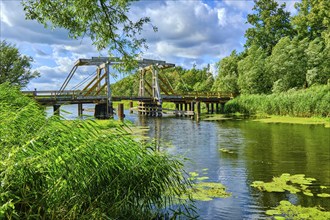 Listed wooden bascule bridge over the Trebel near Nehringen, Mecklenburg-Western Pomerania,