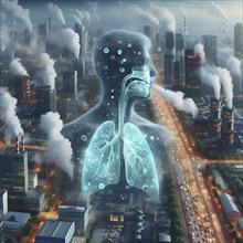 Air Pollution city and people suffers lung disease. Industrial pollution. Industrial smoke. Human