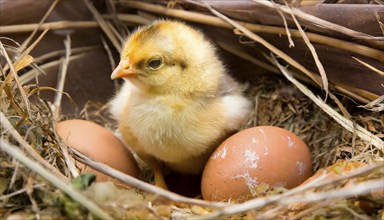 One chick and two eggs in a hen's nest, AI generated