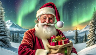 Christmas, Father Christmas with a sack full of presents stands in a snowy landscape, there are