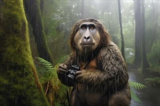 Saki monkey holding a camera under a heavy shower in the rainforest, AI Generated