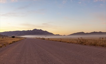 Main road C19, sunrise, ground fog, Namibia, Africa