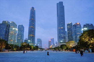 GUANGZHOU, CHINA, APRIL 27, 2018: Guangzhou cityscape skyline Flower City Square illuminated in the