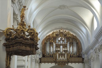 Interior view with organ and pulpit of the baroque St. Salvator Cathedral, baroque, Fulda, Hesse,