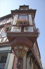 Bay window with ornamentation on half-timbered house and view upwards, Einhardhaus, Seligenstadt,