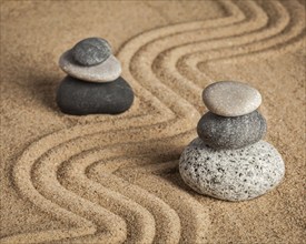 Japanese Zen stone garden, relaxation, meditation, simplicity and balance concept, pebbles and