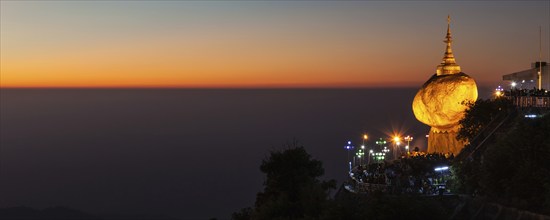 Panorama of Golden Rock, Kyaiktiyo Pagoda, famous Myanmar landmark, Buddhist pilgrimage site and