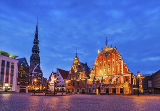 Riga Town Hall Square, House of the Blackheads, St. Roland Statue and St. Peter's Church