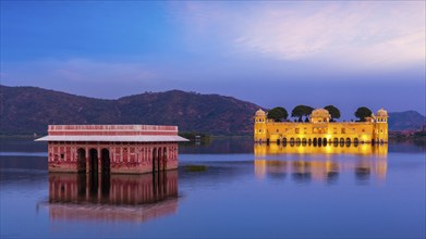 Panorama of Rajasthan landmark, Jal Mahal (Water Palace) on Man Sagar Lake in the evening in