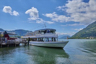 Lake shore, jetty, excursion boat, tourists, summer, Ossiach, Lake Ossiach, Carinthia, Austria,