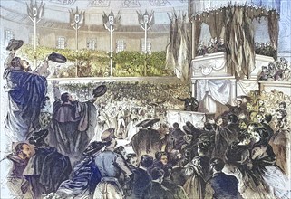 Rally at Circus Price in Madrid for the abolition of slavery in the colonies, 1869, Spain,