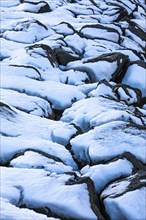 Snow-covered rocks at the harbour of Reykjavik, Reykjanes Peninsula, Sudurnes, Iceland, Europe