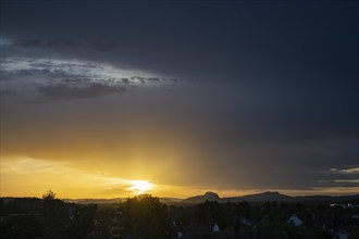 Sunset over the Hegau with Hohentwiel and Hohenstoffeln, Constance County, Baden-Württemberg,