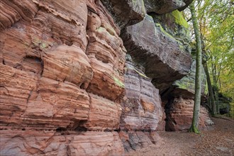 Old castle rock, red sandstone rock formation, natural and cultural monument, Brechenberg near