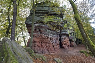 Old castle rock, red sandstone rock formation, natural and cultural monument, Brechenberg near