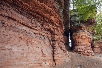 Old castle rock, red sandstone rock formation, natural and cultural monument, Brechenberg near