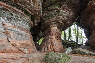 Old castle rock, red sandstone rock formation, natural and cultural monument, Brechenberg near