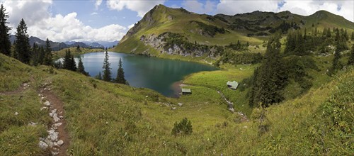 View of Seealpsee and Seeköpfel, Allgäu Alps, Nebelhorn, Oberstdorf, Oberallgäu, Allgäu, Bavaria,