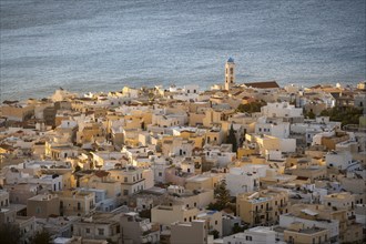 View from Ano Syros to the houses of Ermoupoli and church in the morning light, Ano Syros, Syros,