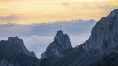 Sunrise, mountains in the fog, Säntis, Appenzell Ausserrhoden, Appenzell Alps, Switzerland, Europe