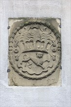 Coat of arms from 1757 on a house wall, Waldenburg, Hohenlohe, Baden-Württemberg, Germany, Europe