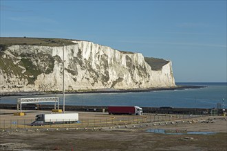 White cliffs, lorry, truck, harbour, Dover, Kent, England, Great Britain