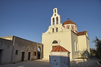 Wide angle, church, bell tower, dome, red tiled roof, Agios Georgios Monastery, Arsani Monastery,