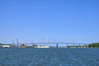 Picturesque view along the Strelasund towards the New Rügen Bridge, Hanseatic City of Stralsund,