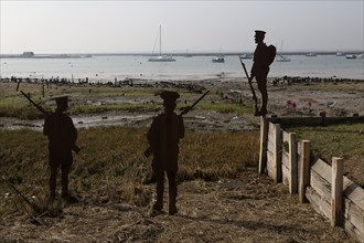 Metal silhouettes of First World War soldiers, West Mersea, Mersea Island, Essex, England, UK