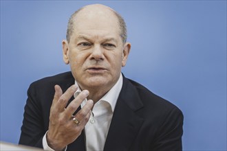 Olaf Scholz (SPD), Federal Chancellor, recorded at a federal press conference on current domestic