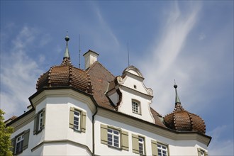 Bernstadt Castle, detail, turret, roof shingles, windows, today municipal administration and local